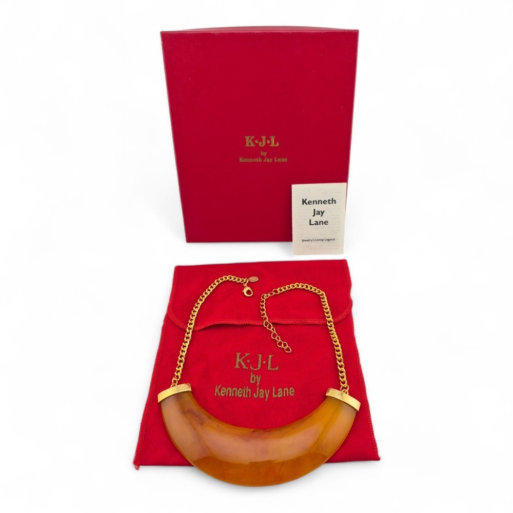Kenneth Jay Lane KJL Faux Amber Crescent Collar Necklace Gold Tone Vintage Box